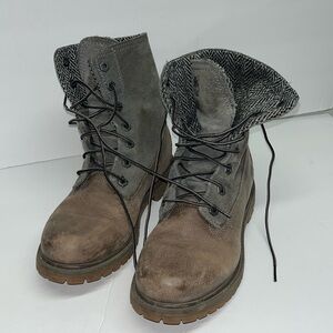 Timberland Harris Tweed Women's Fold Down Leather Boots Size 6.5 Gray Teddy